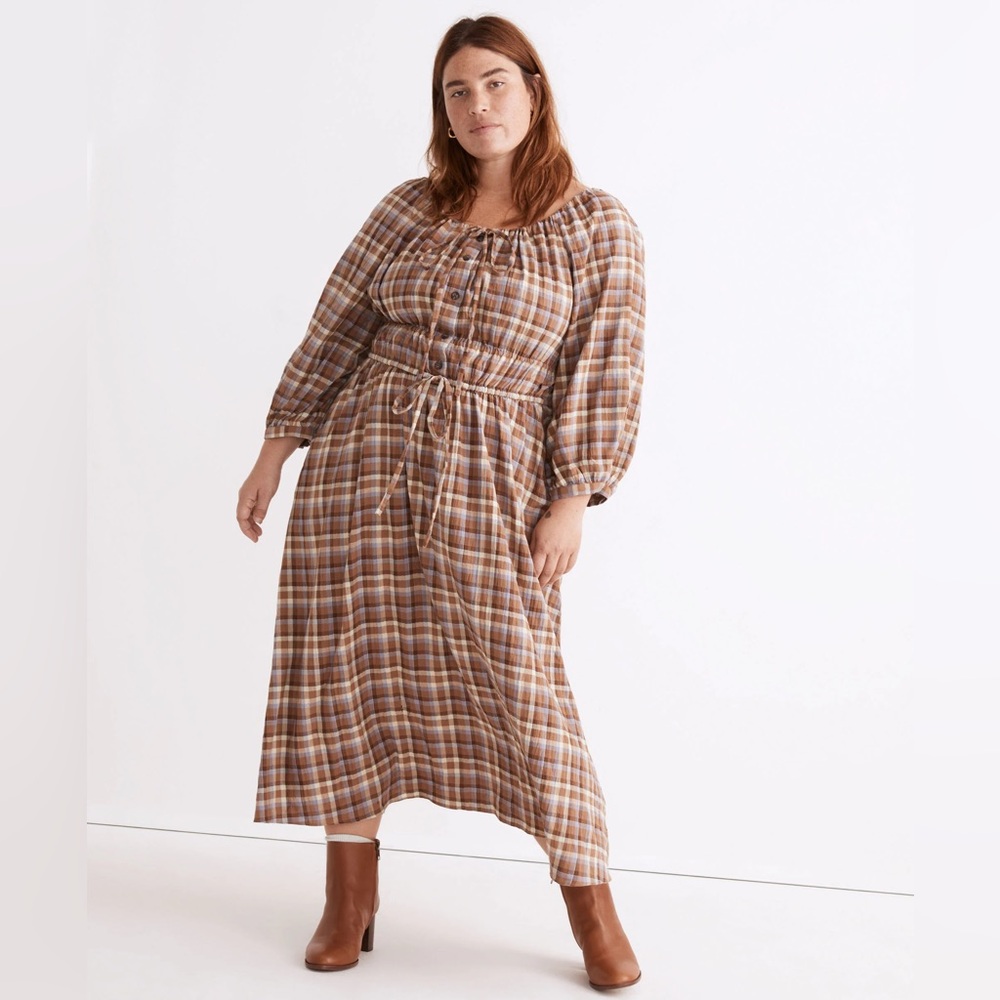 Madewell Plaid Midi Dress in Brown and Cream